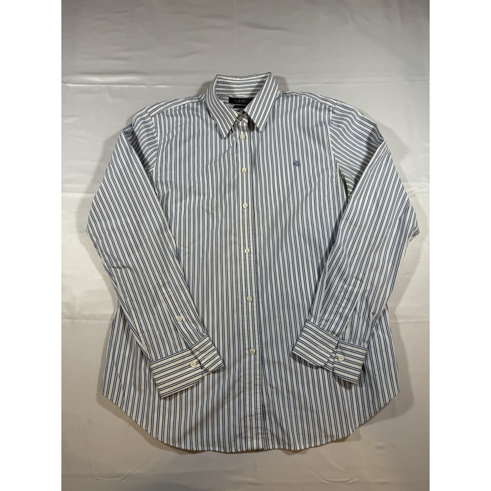 Lauren Ralph Lauren Womens Large LG Striped Button Down Shirt Blue White Stretch